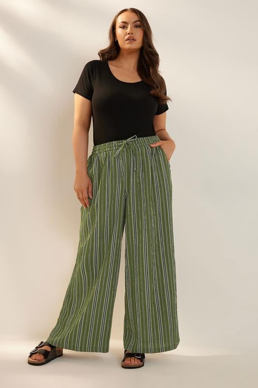 Evans YOURS Curve Green Stripe Textured Wide Leg Trousers