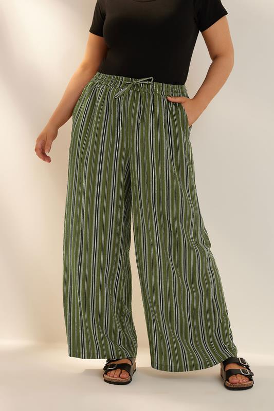 evans YOURS Curve Green Stripe Textured Wide Leg Trousers
