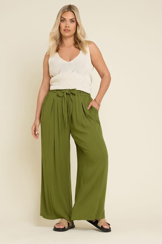Evans YOURS Curve Green Tie Waist Crinkle Wide Leg Trousers