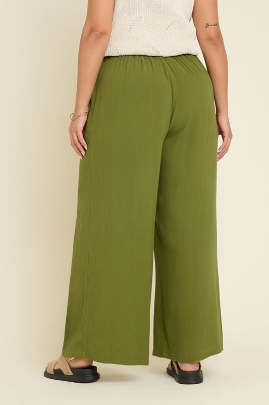 Evans YOURS Curve Green Tie Waist Crinkle Wide Leg Trousers