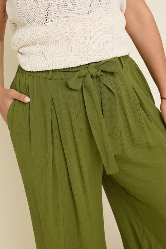 Evans YOURS Curve Green Tie Waist Crinkle Wide Leg Trousers