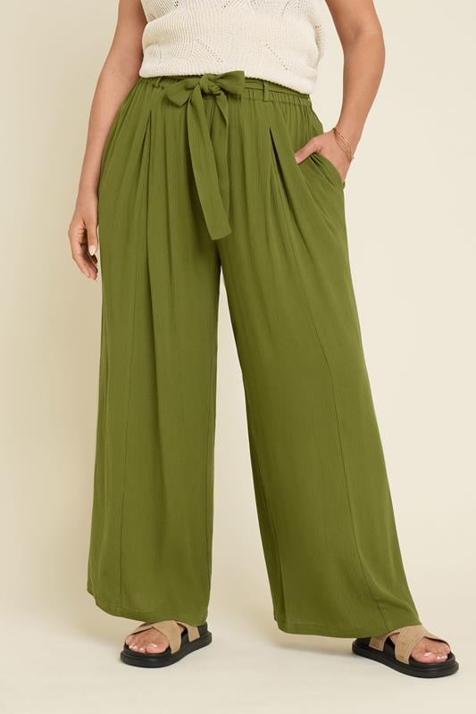 evans YOURS Curve Green Tie Waist Crinkle Wide Leg Trousers