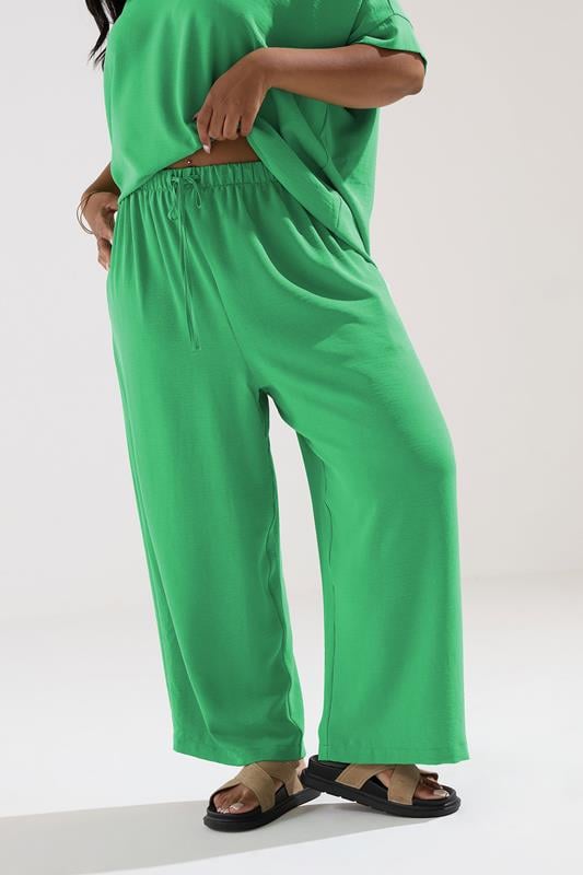 evans YOURS Curve Green Tie Waist Wide Leg Trousers