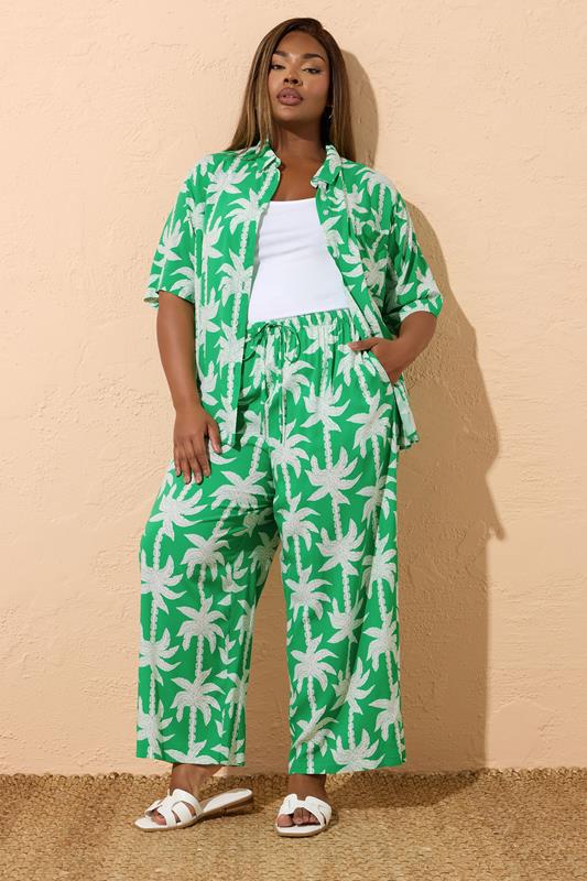 Evans YOURS Curve Green Tropical Palm Wide Leg Trousers