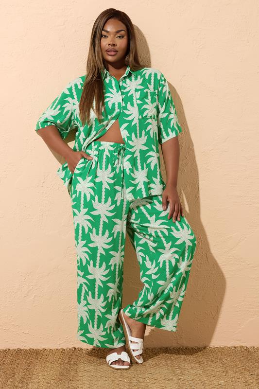 Evans YOURS Curve Green Tropical Palm Wide Leg Trousers