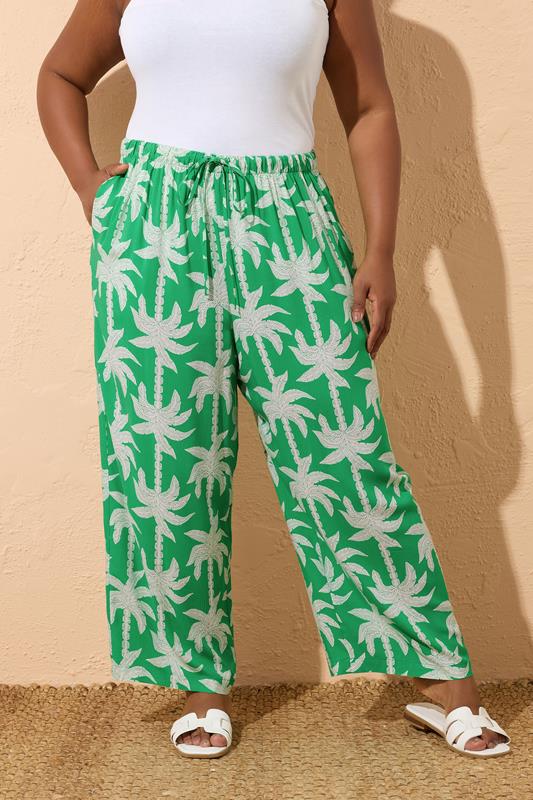 evans YOURS Curve Green Tropical Palm Wide Leg Trousers