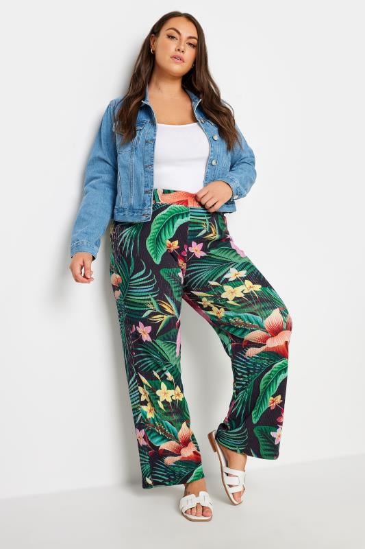 Evans YOURS Curve Green Tropical Print Wide Leg Trousers