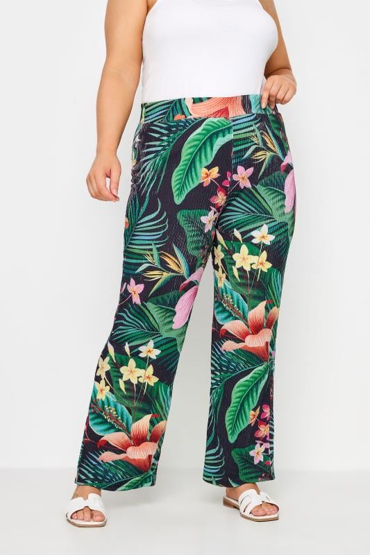 evans YOURS Curve Green Tropical Print Wide Leg Trousers