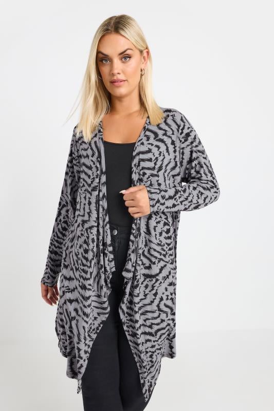 evans YOURS Curve Grey Abstract Print Waterfall Cardigan
