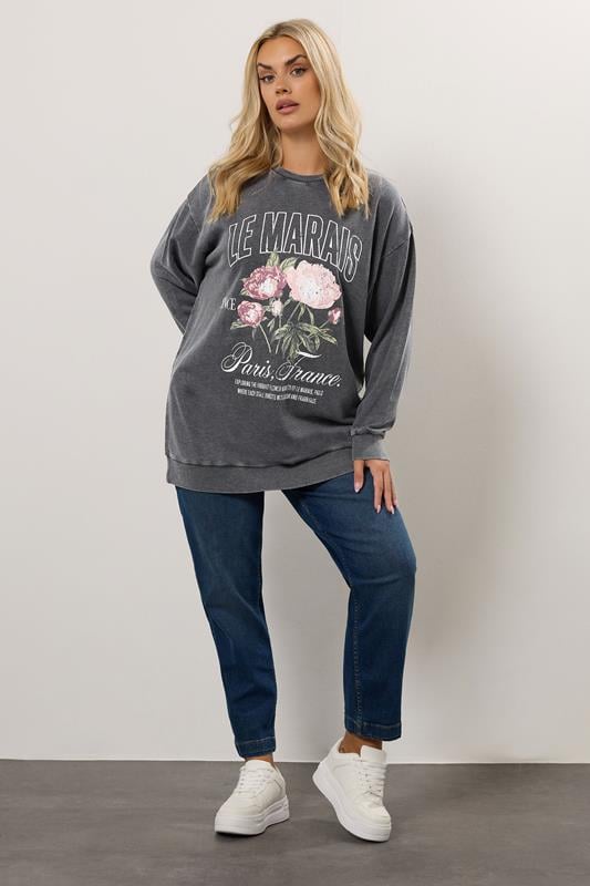 Evans YOURS Curve Grey Acid Wash Floral Print Sweatshirt