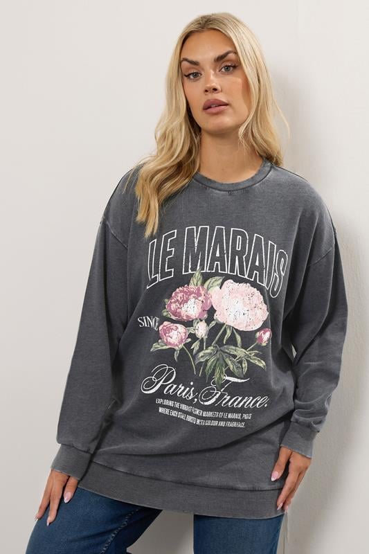 evans YOURS Curve Grey Acid Wash Floral Print Sweatshirt