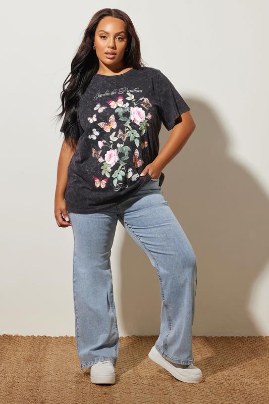 Evans YOURS Curve Grey Acid Wash Floral Slogan T-Shirt