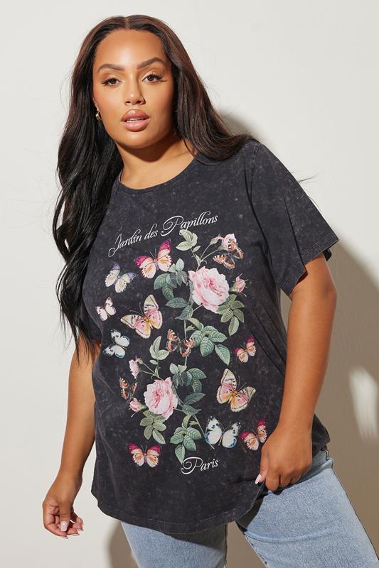 evans YOURS Curve Grey Acid Wash Floral Slogan T-Shirt