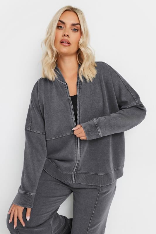 evans YOURS Curve Grey Acid Wash Oversized Sweat Bomber Jacket