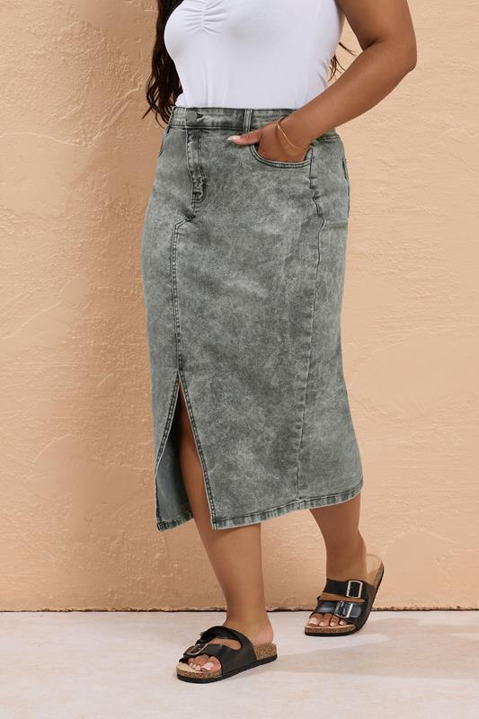evans YOURS Curve Grey Acid Wash Stretch Denim Midaxi Skirt