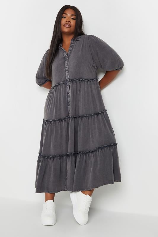Evans YOURS Curve Grey Acid Wash Tiered Shirt Dress