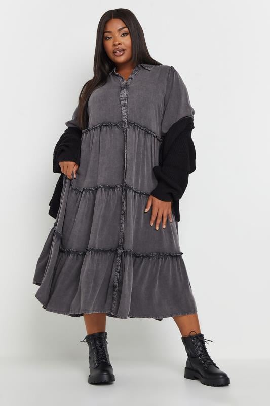 Evans YOURS Curve Grey Acid Wash Tiered Shirt Dress