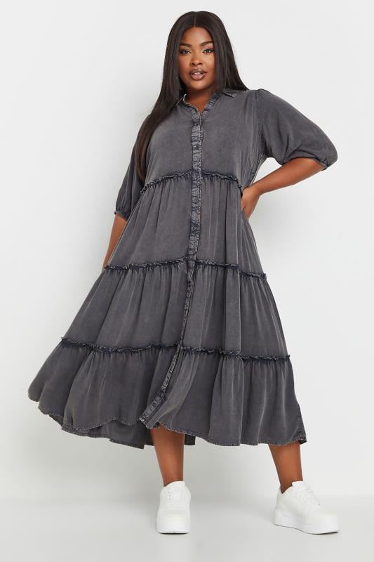 evans YOURS Curve Grey Acid Wash Tiered Shirt Dress