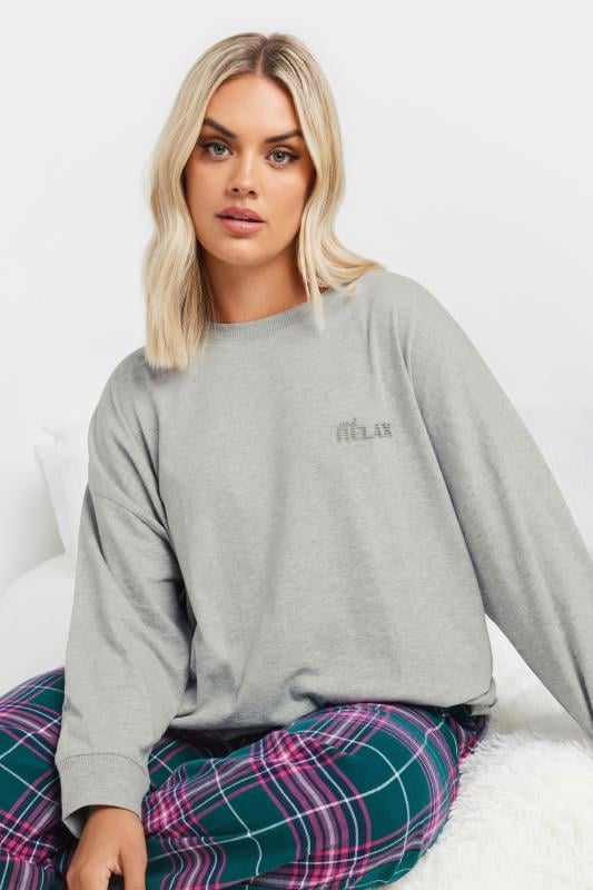 evans YOURS Curve Grey 'and RELAX' Embroidered Pyjama Top