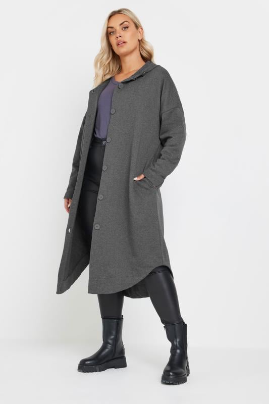 evans YOURS Curve Grey Button Through Hooded Jacket