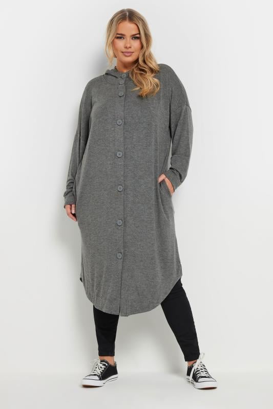 Evans YOURS Curve Grey Button Through Hooded Maxi Cardigan