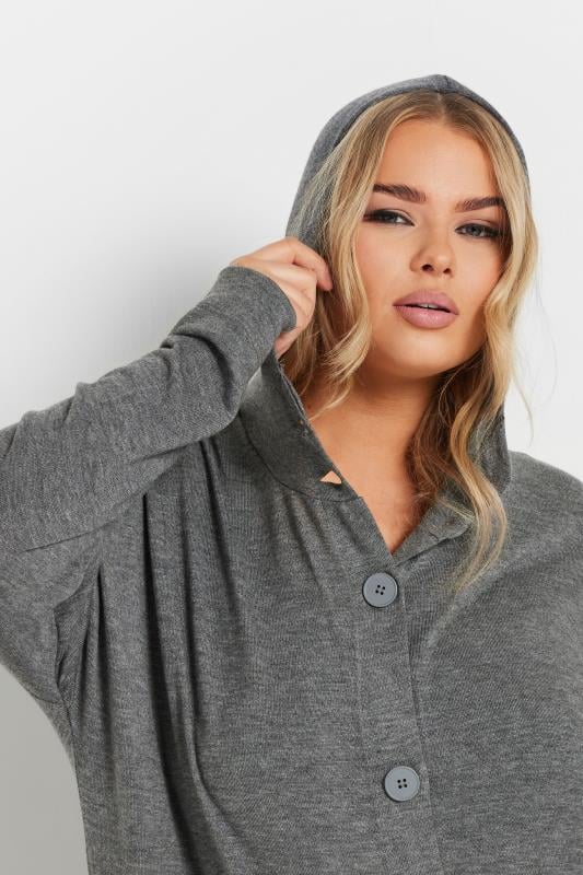 Evans YOURS Curve Grey Button Through Hooded Maxi Cardigan