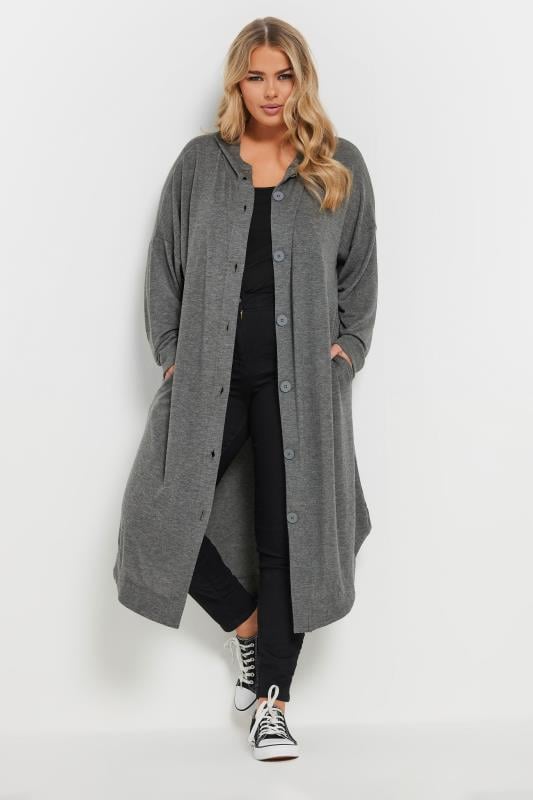 evans YOURS Curve Grey Button Through Hooded Maxi Cardigan
