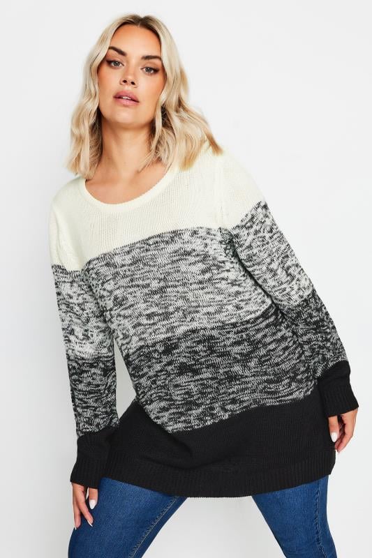 evans YOURS Curve Grey Colourblock Stripe Knitted Jumper