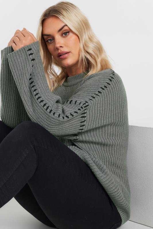 Evans YOURS Curve Grey Contrast Blanket Stitch Jumper
