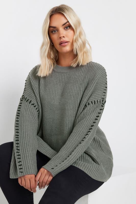 evans YOURS Curve Grey Contrast Blanket Stitch Jumper