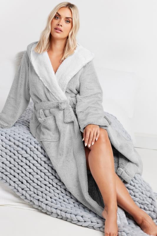 Evans YOURS Curve Grey Contrast Hooded Maxi Dressing Gown