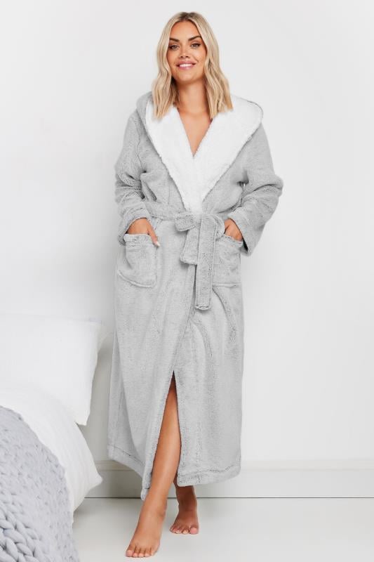 evans YOURS Curve Grey Contrast Hooded Maxi Dressing Gown