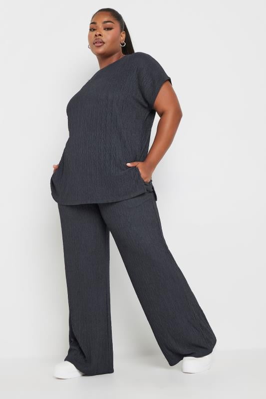 Evans YOURS Curve Grey Crinkle Plisse Wide Leg Trousers