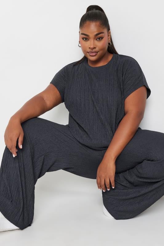Evans YOURS Curve Grey Crinkle Plisse Wide Leg Trousers