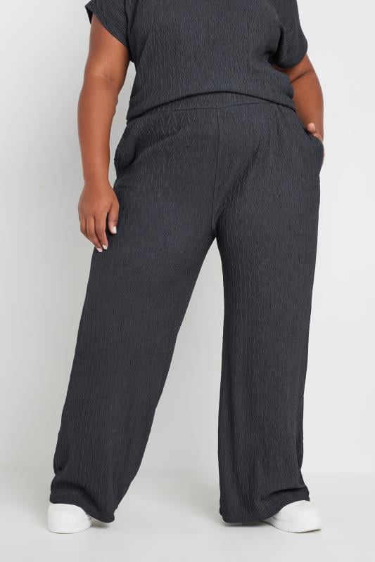 evans YOURS Curve Grey Crinkle Plisse Wide Leg Trousers