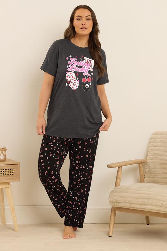 Evans YOURS Curve Grey 'Feeling Lucky' Slogan Wide Leg Pyjama Set