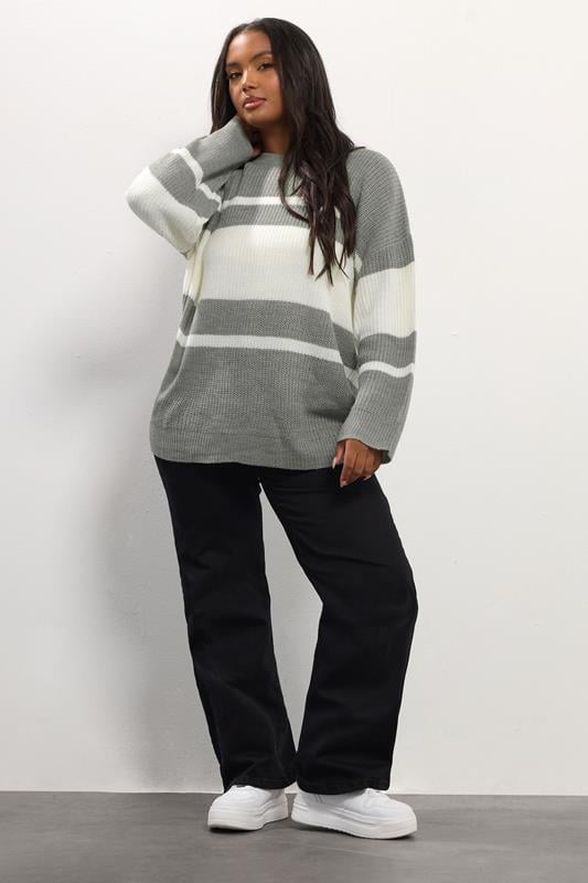 Evans YOURS Curve Grey & Ivory White Striped Knit Jumper