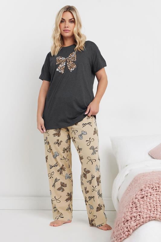 evans YOURS Curve Grey Leopard Bow Print Wide Leg Pyjama Set