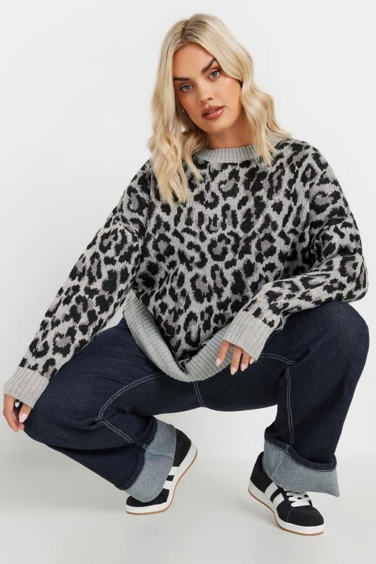 Evans YOURS Curve Grey Leopard Print Knitted Jumper