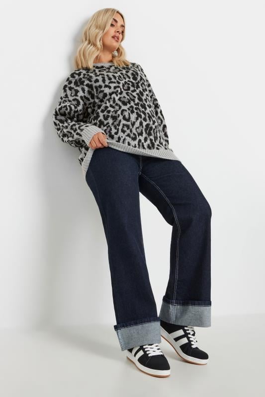 Evans YOURS Curve Grey Leopard Print Knitted Jumper