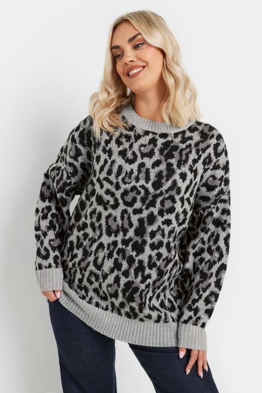 evans YOURS Curve Grey Leopard Print Knitted Jumper
