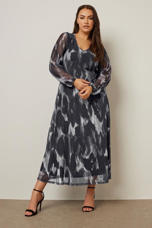 Evans YOURS Curve Grey Leopard Print Mesh Maxi Dress