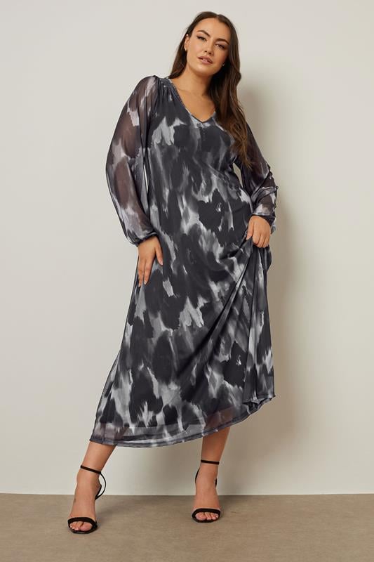 evans YOURS Curve Grey Leopard Print Mesh Maxi Dress