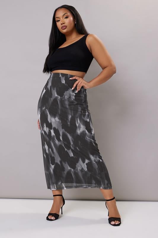 Evans YOURS Curve Grey Leopard Print Mesh Tube Skirt