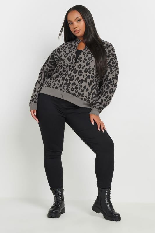 Evans YOURS Curve Grey Leopard Print Oversized Sweat Bomber Jacket