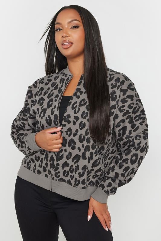 evans YOURS Curve Grey Leopard Print Oversized Sweat Bomber Jacket