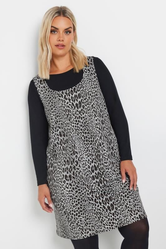 Evans YOURS Curve Grey Leopard Print Pinafore Dress