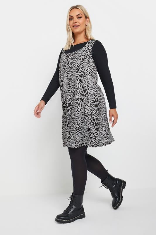 Evans YOURS Curve Grey Leopard Print Pinafore Dress