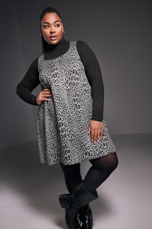 evans YOURS Curve Grey Leopard Print Pinafore Dress