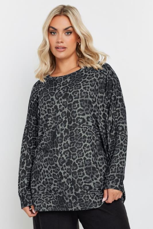 Evans YOURS Curve Grey Leopard Print Soft Touch Jumper